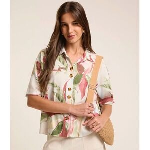 Marfinno Women Linen Tropical Botanical Button Down Shirt Green Pink PP Resort